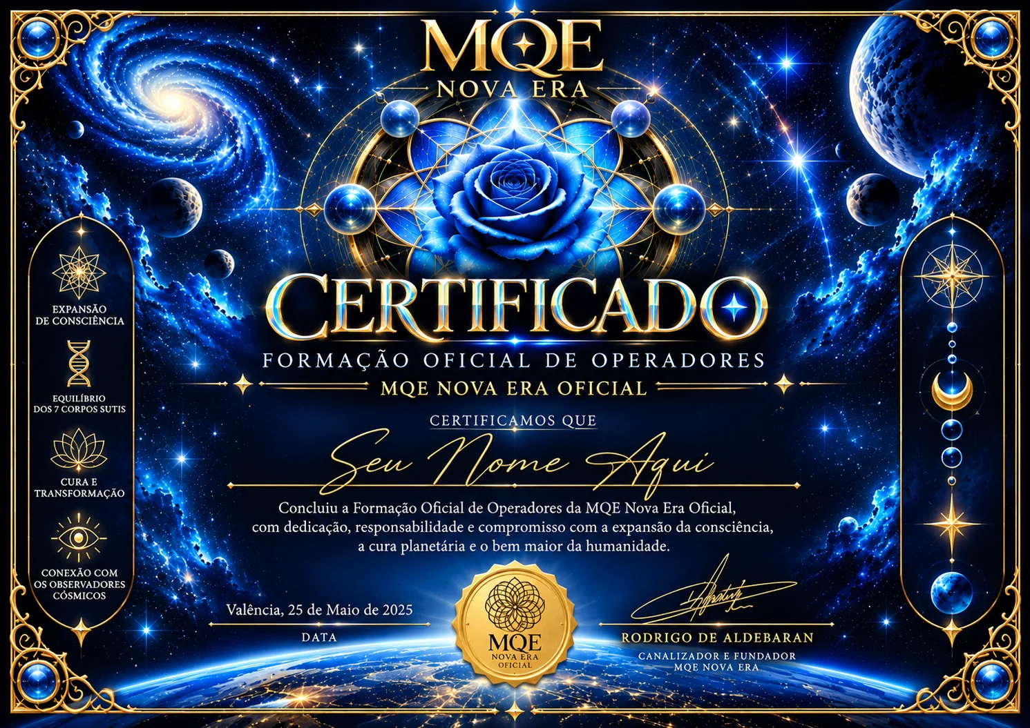 Certificado digital de la Formación Oficial de Operadores MQE Nova Era Oficial, firmado por Rodrigo de Aldebaran