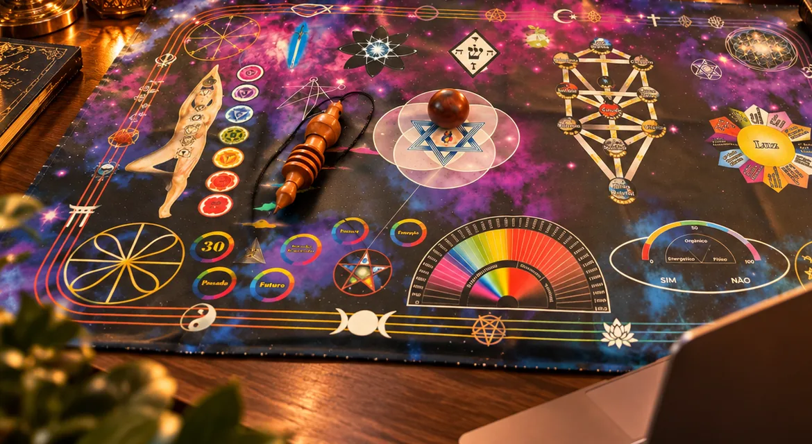 Mesa MQE Nova Era preparada sobre un escritorio, con el Péndulo Egipcio, al atardecer